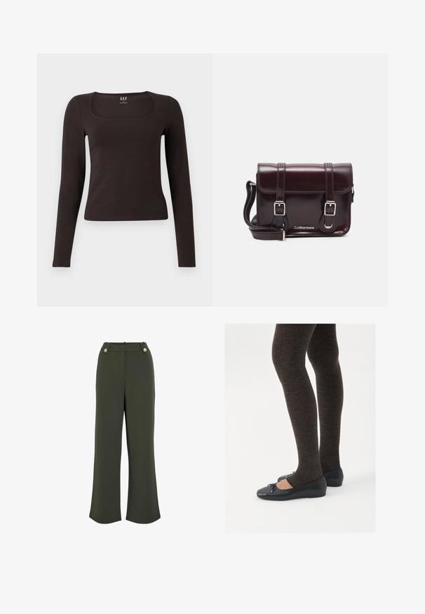 Black long-sleeve, fitted top with a square neckline, labeled GAP, displayed on a white background.; Olive green wide-leg trousers with a smooth texture, featuring two gold-tone buttons at the waistband and a clean, tailored silhouette.; Black flat shoes with a small bow detail at the toe, paired with dark brown ribbed tights. Shoes have a smooth texture and low profile.; Burgundy patent leather crossbody bag with a rectangular shape, two straps, silver hardware, and a flap closure.