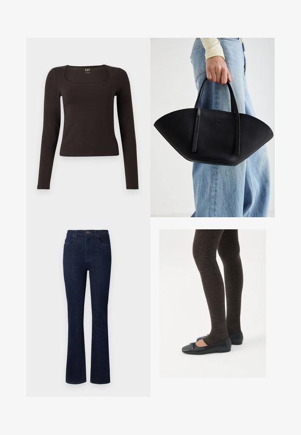 Top negru cu mânecă lungă, aderent, cu decolteu pătrat, etichetat GAP, expus pe un fundal alb.; Jeans din denim albastru închis, cu un design evazat, cinci buzunare și un sistem de închidere cu nasture la talie. Textură netedă cu o cusătură minimă.; Pantofi negri cu un detaliu mic de fundiță la vârf, asortați cu colanți maro închis, cu textură ondulată. Pantofii au o textură netedă și un profil joase.; Geantă de piele neagră cu o formă unică de evantai, având mânere plate. Suprafața are o textură cu mici granule și un design minimalist.