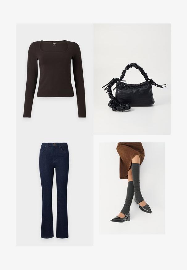 Black long-sleeve, fitted top with a square neckline, labeled GAP, displayed on a white background.; Dark blue denim jeans with a flared leg design, five pockets, and a button closure at the waist. Smooth texture with minimal stitching.; Black patent leather pointed-toe shoes with a block heel and ankle strap, paired with gray ribbed leg warmers and a brown suede skirt.; Black faux leather handbag with a crocodile texture, cinched top, and a scrunched strap. Appears soft and compact in design.