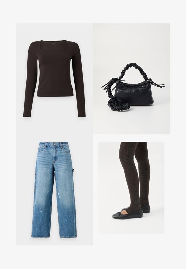 Top negro de manga larga, ajustado, con escote cuadrado, etiquetado como GAP, presentado sobre un fondo blanco.; Jeans cargo de mezclilla azul claro con piernas anchas, secciones desgastadas y detalle de manchas de pintura. Cuenta con bolsillos laterales y un cierre de botón.; Zapatos planos negros con un pequeño lazo en la punta, combinados con medias de punto en marrón oscuro. Los zapatos tienen una textura suave y un perfil bajo.; Bolso de mano de imitación cuero negro con textura de cocodrilo, parte superior fruncida y correa arrugada. Presenta un diseño suave y compacto.