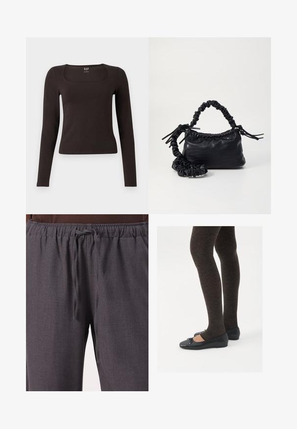 Haut noir à manches longues, ajusté, avec un décolleté carré, étiqueté GAP, affiché sur un fond blanc.; Pantalons gris légers avec une taille élastique, un cordon de serrage ajustable et une texture lisse ; ils comportent des poches latérales et une coupe droite.; Chaussures plates noires avec un petit nœud au niveau des orteils, associées à des collants côtelés marron foncé. Les chaussures ont une texture lisse et un profil bas.; Sac à main en simili cuir noir avec une texture crocodile, un dessus resserré et une sangle froncée. A l'apparence douce et compacte.