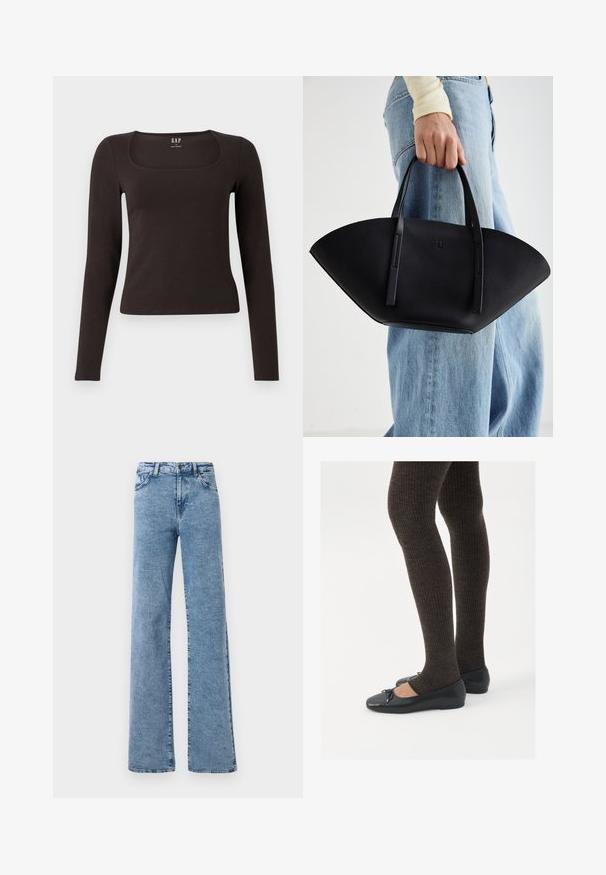 Top negru cu mânecă lungă, aderent, cu decolteu pătrat, etichetat GAP, expus pe un fundal alb.; Noisy May NMYOLANDA - Wide leg - medium blue denim; Pantofi negri cu un detaliu mic de fundiță la vârf, asortați cu colanți maro închis, cu textură ondulată. Pantofii au o textură netedă și un profil joase.; Geantă de piele neagră cu o formă unică de evantai, având mânere plate. Suprafața are o textură cu mici granule și un design minimalist.