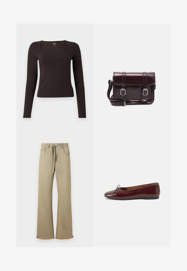 Μαύρο fitted μπλουζάκι με μακριά μανίκια και τετράγωνη λαιμόκοψη, με ετικέτα GAP, εμφανίζεται σε λευκό φόντο.; Μπεζ παντελόνια τζην με φαρδιά πόδια και φθαρμένο στρίφωμα, κατασκευασμένα από τζην ύφασμα, που διαθέτουν ζώνη και τέσσερις τσέπες. Απαλή υφή με ορατές λεπτομέρειες στα ραφές.; Μπορντό παρθένα δερμάτινα μπαλαρίνες με στρογγυλή μύτη, μικρή διακόσμηση φιόγκου στο μπροστινό μέρος και χαμηλή, μαύρη καουτσούκ σόλα. Λείος υφής.; Μπορντό δερμάτινη τσάντα χιαστί με ορθογώνιο σχήμα, δύο λουριά, ασημένια μεταλλικά μέρη και κλείσιμο με καπάκι.