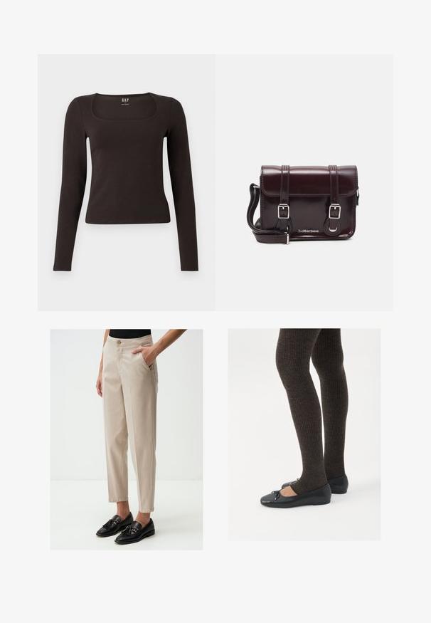 Zwarte lange mouwen, getailleerde top met een vierkante halslijn, gelabeled GAP, weergegeven op een witte achtergrond.; Beige op maat gemaakte broeken met zijzakken, taps toelopende pasvorm en een knoopsluiting in de taille, gecombineerd met zwarte loafers met kwastjes.; Zwarte platte schoenen met een kleine strikdetail op de neus, gecombineerd met donkerbruine geribbelde panty’s. De schoenen hebben een gladde textuur en een lage profiel.; Bordeaux patent leren crossbody tas met een rechthoekige vorm, twee banden, zilveren hardware en een klep sluiting.