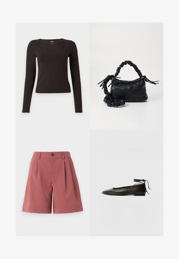 Black long-sleeve, fitted top with a square neckline, labeled GAP, displayed on a white background.; Red textured shorts with a button closure, pleats at the front, and a straight cut, designed for casual wear.; Black leather ballet flats with a pointed toe, ankle tie, and flat sole, featuring a smooth texture and minimalistic design.; Black faux leather handbag with a crocodile texture, cinched top, and a scrunched strap. Appears soft and compact in design.