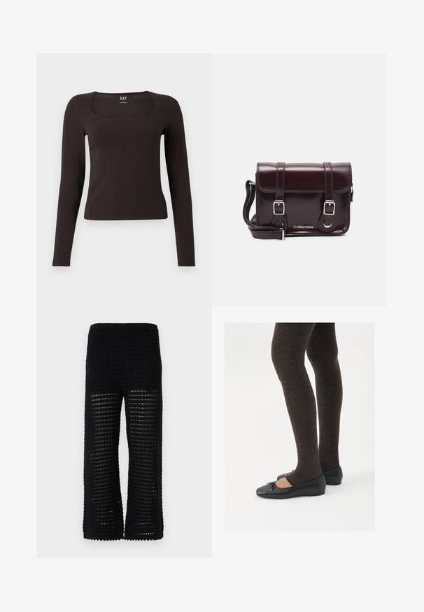 Svart langermet, tett topp med firkantet hals, merket GAP, vist på en hvit bakgrunn.; Svarte strikkede bukser med et teksturert, åpent nettdesign og vide ben. Livlinjen er elastisk for komfort og enkel bruk.; Sorte flate sko med en liten sløyfedetalj på tåen, kombinert med mørkebrune ribbede strømpebukser. Skoene har en glatt overflate og lav profil.; Burgunderfarget patentlær crossover-veske med rektangulær form, to stropper, sølvfarget hardware og klaffelukking.