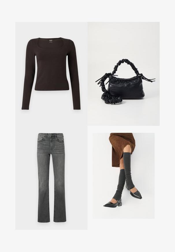 Juoda ilgomis rankovėmis, prigludusi bluzonėlė su kvadratine iškirpte, žymėta GAP, rodoma baltame fone.; Juodos džinsinio audinio flared kelnės su aukštu juosmeniu, penkiais kišenėmis ir vieno mygtuko užsegimu. Lygus paviršius su šiek tiek nušvitimu.; Juodi lakuoti odiniai batai su aštriu kuma ir bloko kulnu, derinami su pilkais riebiais kojų šildytuvais ir rudais zomšiniais sijonais.; Juodas dirbtinės odos rankinė su krokodilo tekstūra, sušnibždinta viršuje ir susikraipytu dirželiu. Atrodo minkšta ir kompaktiška.