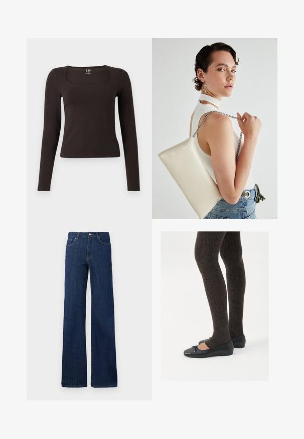 Črn dolg rokav, prilegajoča majica s kvadratnim izrezom, označena z GAP, prikazana na belem ozadju.; Temno modri kavbojki z ravnim krojem, petimi žepi, zapiranjem na gumb in zadrgo ter minimalnimi šivi. Gladka tekstura.; Črne ravne čevlje z majhnim lokom na prstih, v kombinaciji s temno rjavimi rebrastimi nogavicami. Čevlji imajo gladko teksturo in nizko obliko.; Bela pravokotna torbica za ključe iz sijajnega materiala, opremljena s srebrno verižico. Model pozira in prikazuje torbico na enobarvni podlagi.