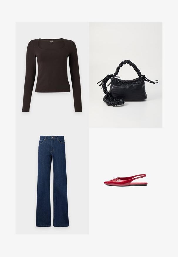 Črn dolg rokav, prilegajoča majica s kvadratnim izrezom, označena z GAP, prikazana na belem ozadju.; Temno modri kavbojki z ravnim krojem, petimi žepi, zapiranjem na gumb in zadrgo ter minimalnimi šivi. Gladka tekstura.; Rdeče usnjene balerinke s prstnim koncem in okrasnim vezanjem spredaj, opremljene s slim trakovi okoli gležnja in ravnim podplatom.; Črna torbica iz umetnega usnja s krokodilovo teksturo, z zvitim vrhom in zmečkano naramico. Zdi se mehka in kompaktna v oblikovanju.