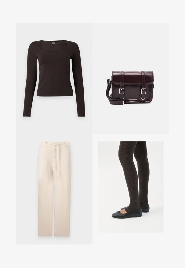 Črn dolg rokav, prilegajoča majica s kvadratnim izrezom, označena z GAP, prikazana na belem ozadju.; Beige lanene hlače s ravnim krojem, ki vključujejo gumb za zapiranje in tkaninsko vezavo v pasu, kar daje lahkoten in teksturiran videz.; Črne ravne čevlje z majhnim lokom na prstih, v kombinaciji s temno rjavimi rebrastimi nogavicami. Čevlji imajo gladko teksturo in nizko obliko.; Burgundska patentna usnjena torbica čez ramo z pravokotno obliko, dvema trakovoma, srebrno kovinsko opremo in zapiranjem na preklop.