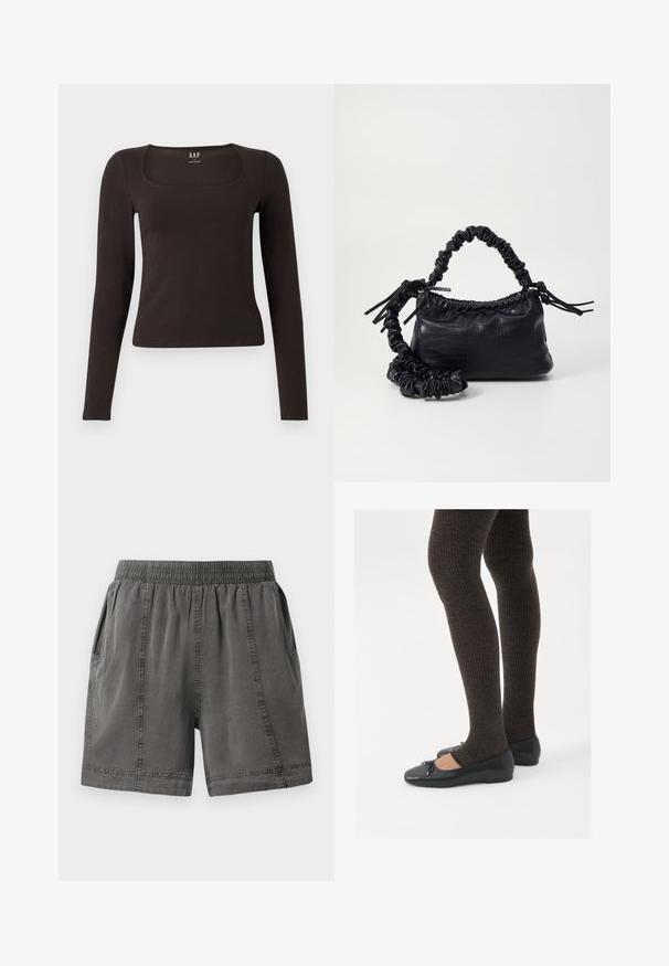 Svart langermet, tett topp med firkantet hals, merket GAP, vist på en hvit bakgrunn.; Grå, bomullsblend-shorts med elastisk midjebånd, sidelommer og sydd detaljer langs sømmene. Myk tekstur og avslappet passform.; Sorte flate sko med en liten sløyfedetalj på tåen, kombinert med mørkebrune ribbede strømpebukser. Skoene har en glatt overflate og lav profil.; Svart faux skinn-håndveske med krokodilletekstur, strammet topp og en rynket stropp. Ser myk og kompakt ut i designen.