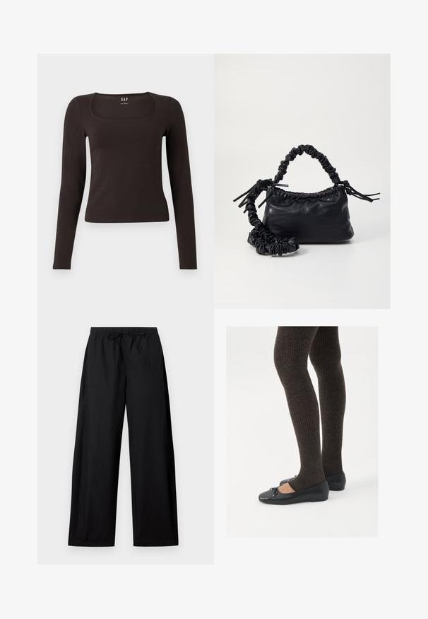 Zwarte lange mouwen, getailleerde top met een vierkante halslijn, gelabeled GAP, weergegeven op een witte achtergrond.; Zwarte wijde broek met een elastische tailleband en trekkoord. Gemaakt van lichte stof, met een gladde textuur en een eenvoudig ontwerp.; Zwarte platte schoenen met een kleine strikdetail op de neus, gecombineerd met donkerbruine geribbelde panty’s. De schoenen hebben een gladde textuur en een lage profiel.; Zwarte nepleer handtas met een krokodillenstructuur, opgedroogde bovenkant en een gekreukte hengsel. Het lijkt zacht en compact van ontwerp.