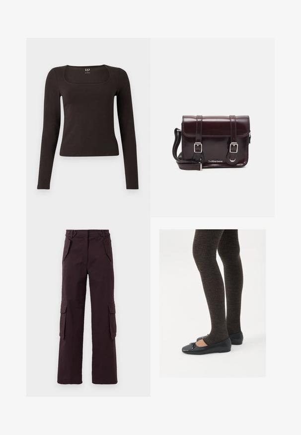 Črn dolg rokav, prilegajoča majica s kvadratnim izrezom, označena z GAP, prikazana na belem ozadju.; Temno vijolične cargo hlače ravnega kroja z žepi z ovratnikom na straneh, poševnimi prednjimi žepi in zankami za pas pri pasu.; Črne ravne čevlje z majhnim lokom na prstih, v kombinaciji s temno rjavimi rebrastimi nogavicami. Čevlji imajo gladko teksturo in nizko obliko.; Burgundska patentna usnjena torbica čez ramo z pravokotno obliko, dvema trakovoma, srebrno kovinsko opremo in zapiranjem na preklop.