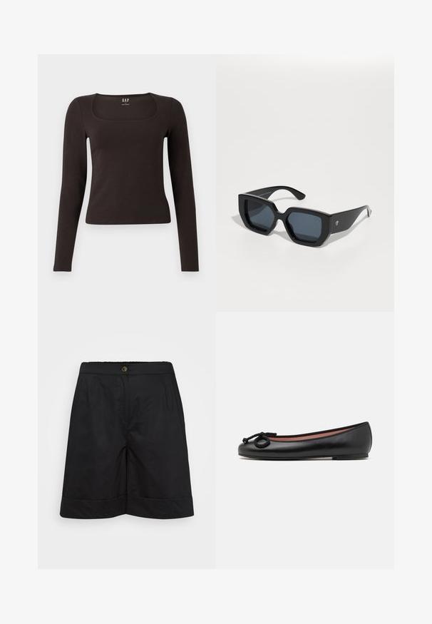 Musta pitkähihainen, slim fit -paita, jossa on neliömäinen kaula-aukko, merkitty GAP, esillä valkoisella taustalla.; Mustat polven pituisiin shortseihin, jotka on valmistettu kevyestä kankaasta, kuuluu sileä pinta, etutaskut ja huoliteltu lahje. Kullanvärinen nappikiinnitys vyötäröllä.; Musta nahkainen ballerina, jossa on pyöreä kärki, koristetasku ja sileä pinta. Minimalistinen muotoilu, jossa on matala, tasainen pohja.; Mustat ylisuuret aurinkolasit, joissa on geometrinen muotoilu, suorakulmaiset linssit ja kiiltävä pinta. Ei näkyvää brändäystä edessä.; Kultaketjuveljet, joissa on sileä ja pyöristetty muotoilu. Varustettu pienellä saranalukolla, kevyen näköinen ja kiiltävä pinta.