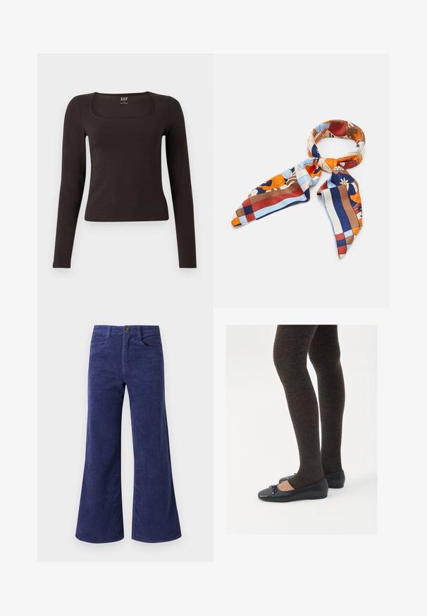 Musta pitkähihainen, slim fit -paita, jossa on neliömäinen kaula-aukko, merkitty GAP, esillä valkoisella taustalla.; Laivansiniset sametista tehdyt leveälahkeiset housut, joissa on teksturoitu pinta, etupocketit ja nappikiinnitys vyötäröllä.; Mustat matalat kengät, joissa on pieni nauha varpaissa, yhdistettynä tummanruskeisiin ribattuisiin sukkahousuihin. Kengissä on sileä pinta ja matala profiili.; Silkki huivi, jossa on värikäs kukka- ja geometrinen kuvio oranssin, sinisen, ruskean ja kermaisen sävyissä. Kolmiomaiset päät ja sileä rakenne.; Keltainen kudottu käsilaukku neliömäisellä muotoilulla, jossa on sileä pinta, koristeellinen solmittu hihna ja kultainen metalliosuus.