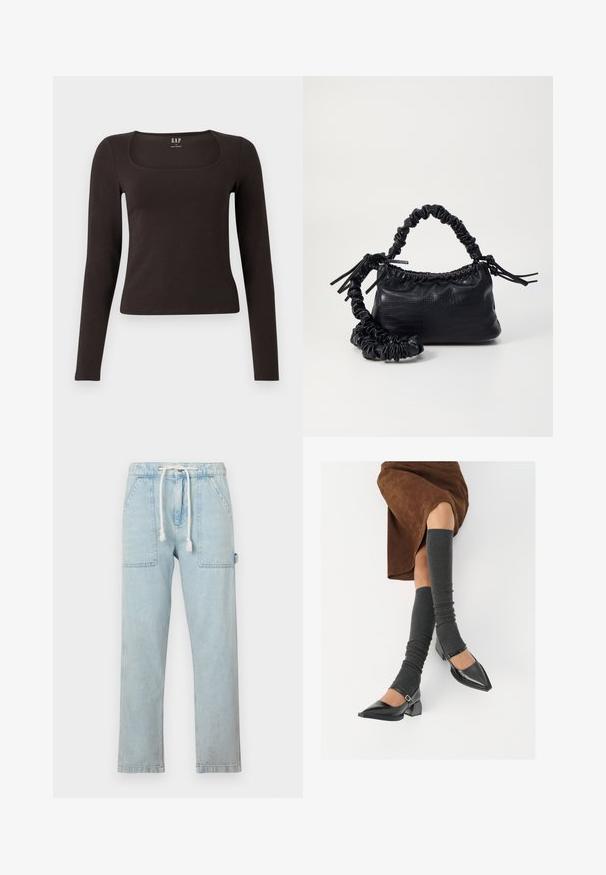 Haut noir à manches longues, ajusté, avec un décolleté carré, étiqueté GAP, affiché sur un fond blanc.; Joggings en denim bleu clair avec taille à cordon, deux grandes poches avant, design à jambe droite et texture douce.; Chaussures à bout pointu en cuir verni noir avec un talon bloc et une bride à la cheville, accompagnées de jambières en maille grise et d'une jupe en daim marron.; Sac à main en simili cuir noir avec une texture crocodile, un dessus resserré et une sangle froncée. A l'apparence douce et compacte.