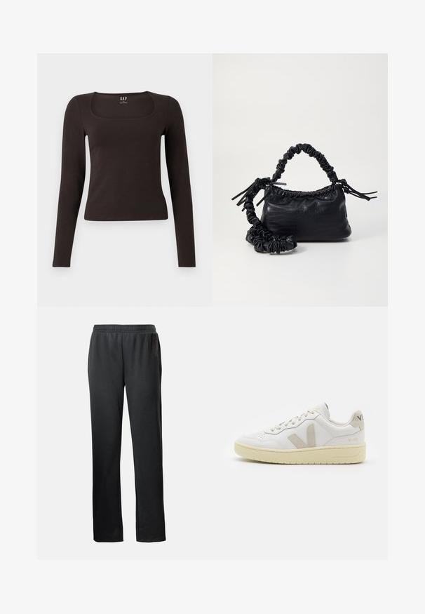 Top negro de manga larga, ajustado, con escote cuadrado, etiquetado como GAP, presentado sobre un fondo blanco.; Pantalones deportivos negros con una cintura elástica, piernas rectas y un discreto detalle de logo en el lateral, fabricados en una tela suave y ligera.; Zapatilla de piel blanca con acentos de ante beige, caja de puntera perforada, cordones planos y suela texturizada en color crema. Cuenta con un branding sutil en el talón.; Bolso de mano de imitación cuero negro con textura de cocodrilo, parte superior fruncida y correa arrugada. Presenta un diseño suave y compacto.