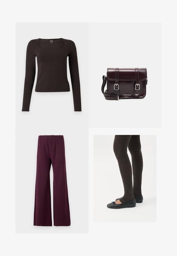 Czarny, długi rękaw, dopasowana bluzka z kwadratowym dekoltem, oznaczona marką GAP, wyeksponowana na białym tle.; Bordowe spodnie o szerokich nogawkach wykonane z lekkiego materiału. Posiadają zapięcie na guzik z przodu oraz zamek błyskawiczny, a ich powierzchnia jest gładka i równa.; Czarne płaskie buty z małym kokardkowym detalem na palcach, zestawione z ciemnobrązowymi rajstopami w prążki. Buty mają gładką teksturę i niski profil.; Bordowa torebka typu crossbody z lakierowanej skóry, w kształcie prostokąta, z dwiema rączkami, srebrnymi akcentami i zapięciem na klapkę.