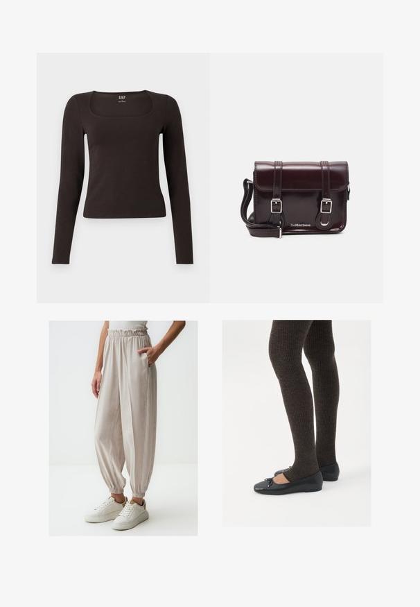 Maglietta nera a maniche lunghe, aderente, con scollatura quadrata, etichettata GAP, esposta su uno sfondo bianco.; Pantaloni beige chiaro, dal taglio morbido con vita arricciata e polsini elasticizzati, dotati di tasche laterali e tessuto liscio, abbinati a sneaker bianche.; Scarpe nere a flat con un piccolo fiocco sulla punta, abbinate a collant a coste marrone scuro. Le scarpe hanno una texture liscia e un profilo basso.; Borsa a tracolla in pelle verniciata bordeaux con forma rettangolare, due manici, accessori in argento e chiusura a patta.