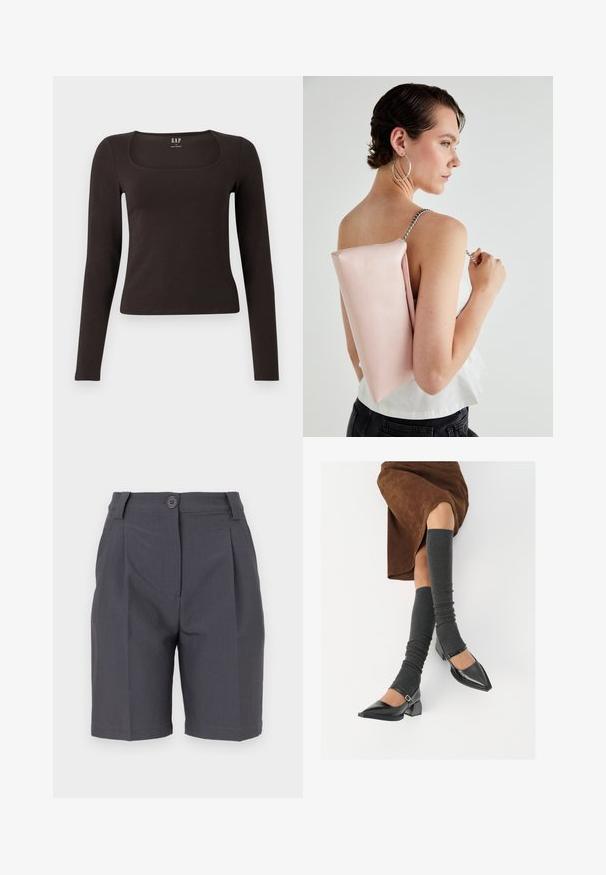 Čierny priliehavý top s dlhým rukávom a štvorcovým výstrihom, označený značkou GAP, zobrazený na bielom pozadí.; Sivé upravené šortky s skladmi, zapínaním na gombík a bočnými vreckami. Vyrobené z hladkého, ľahkého materiálu s pevným strihom.; Čierne lakované kožené topánky s špicatou špičkou, blokovým podpätkom a členkovým remienkom, ktoré sú kombinované so šedými rebrovanými legínami a hnedou zamšovou sukňou.; Ružová kožená kabelka s obdĺžnikovým tvarom, strieborným reťazovým popruhom a hladkým povrchom, nosená na chrbte. Jednoduchý dizajn bez viditeľných vzorov.
