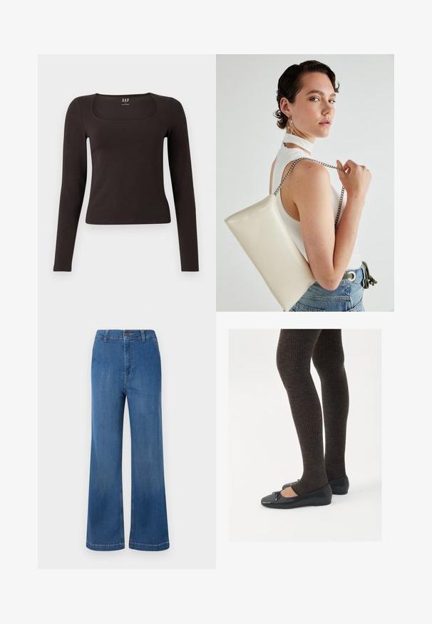 Melnas garās piedurknes, pieguļošs tops ar kvadrātveida apkakli, ar uzrakstu GAP, novietots uz baltā fona.; Platas kājas zilie džinsi ar augstu jostu, ar pogu aizdari, piecām kabatām un nolietotu tekstūru.; Melnas plakano formas kurpes ar mazu loku uz pirksta, apvienotas ar tumši brūnām ribotām zeķubiksēm. Kurpēm ir gluda tekstūra un zems profils.; Balts taisnstūra clutch soma, izgatavota no spīdīga materiāla, ar sudraba ķēdes siksnu. Modelis pozē, demonstrējot somu uz vienkārša fona.