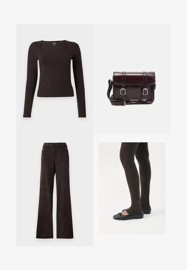 Svart långärmad, åtsittande topp med fyrkantig halsringning, märkt GAP, uppvisad på en vit bakgrund.; Bruna vida-byxor gjorda av mjukt, strukturerat tyg. Funktioner inkluderar en knappstängning och två framfickor.; Svarta platta skor med en liten rosett vid tån, i kombination med mörkbruna ribbade strumpbyxor. Skorna har en slät yta och låg profil.; Burgundy lackläder crossbody-väska med rektangulär form, två remmar, silverfärgad hårdvara och klaffstängning.