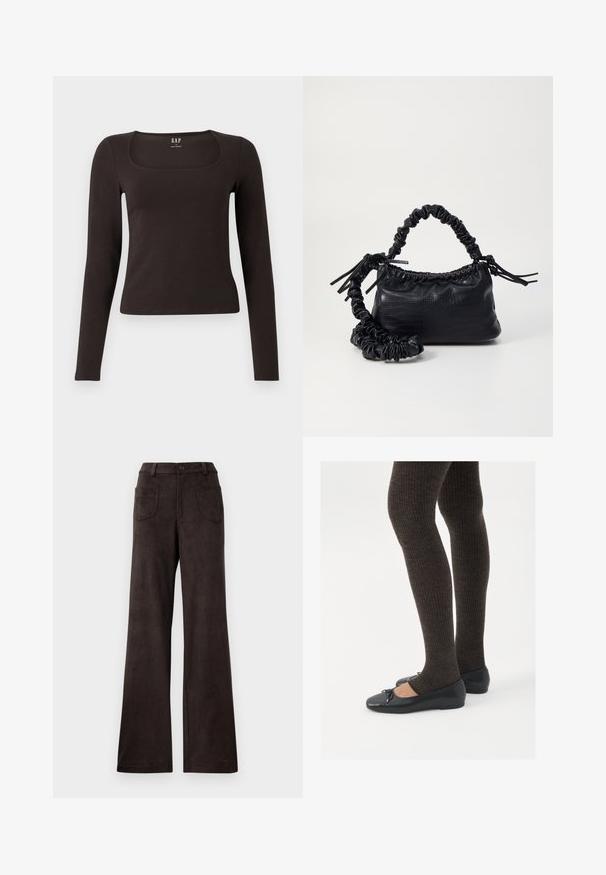 Crna majica dugih rukava, uskog kroja s kvadratnim izrezom, označena s GAP, prikazana na bijeloj pozadini.; Smeđe široke hlače izrađene od mekanog, teksturiranog materijala. Karakteristike uključuju kopčanje na dugme i dva prednja džepa.; Crne ravne cipele s malim mašnom na vrhu prstiju, uparene s tamnosmešnim rebrovanim čarapama. Cipele imaju glatku teksturu i nizak profil.; Crna torba od umjetne kože s teksturom krokodila, s cinčanim vrhom i naboranom trakom. Izgleda mekano i kompaktno u dizajnu.