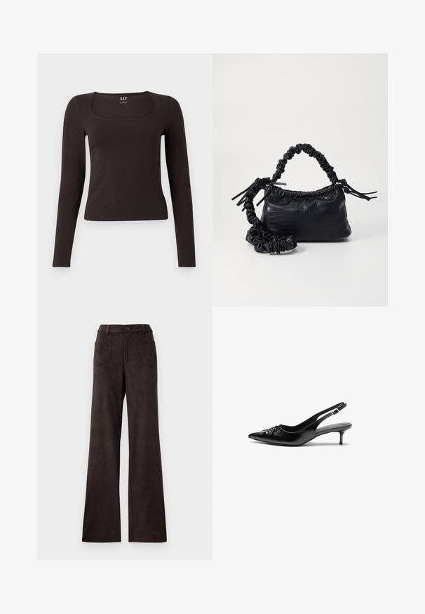 Schwarzes, langärmliges, figurbetontes Oberteil mit quadratischem Ausschnitt, gekennzeichnet mit GAP, vor einem weißen Hintergrund präsentiert.; Braune weite Hosen aus weichem, strukturiertem Stoff. Zu den Merkmalen gehören ein Knopfverschluss und zwei Vorderentaschen.; Schwarze Leder-Slingback-Absätze mit einer spitzen Zehenform, kleinen Kitten-Absätzen und einem dekorativen Knoten-Detail auf der Vorderseite. Glatte Textur über die gesamte Fläche.; Schwarze Handtasche aus Kunstleder mit Krokodilstruktur, gerafftem oberen Teil und einem geschoppten Tragegurt. Sie wirkt weich und kompakt im Design.