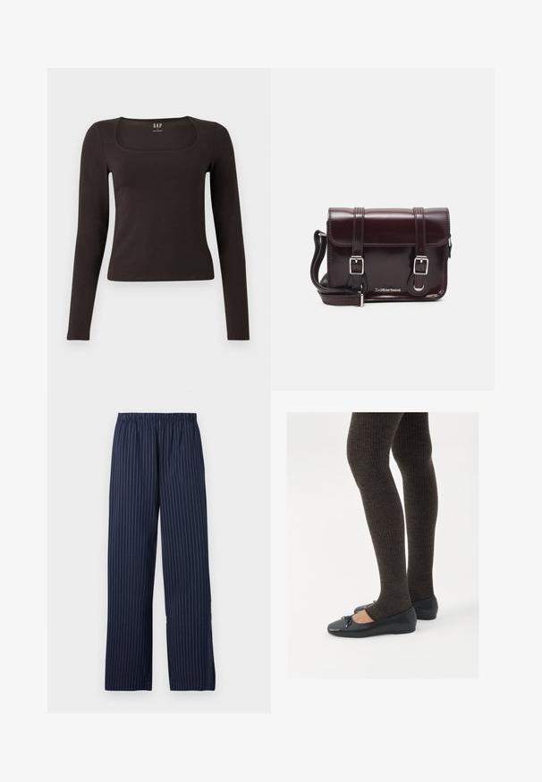 Černý dlouhý rukáv, přiléhavý top se čtvercovým výstřihem, označený značkou GAP, vystavený na bílém pozadí.; Námorně modré kalhoty širokého střihu s pruhovaným vzorem, s elastickým pasem a hladkým povrchem.; Černé ploché boty s malou mašlí na špičce, kombinované s tmavě hnědými žebrovanými punčochami. Boty mají hladký povrch a nízký profil.; Burgundská lakovaná křížová taška obdélníkového tvaru, se dvěma popruhy, stříbrnými kovovými doplňky a klopovým uzávěrem.