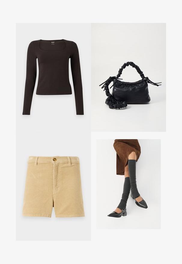 Black long-sleeve, fitted top with a square neckline, labeled GAP, displayed on a white background.; Khaki corduroy shorts with a textured ribbed pattern, featuring a front button closure and two side pockets. Classic straight-cut design.; Black patent leather pointed-toe shoes with a block heel and ankle strap, paired with gray ribbed leg warmers and a brown suede skirt.; Black faux leather handbag with a crocodile texture, cinched top, and a scrunched strap. Appears soft and compact in design.