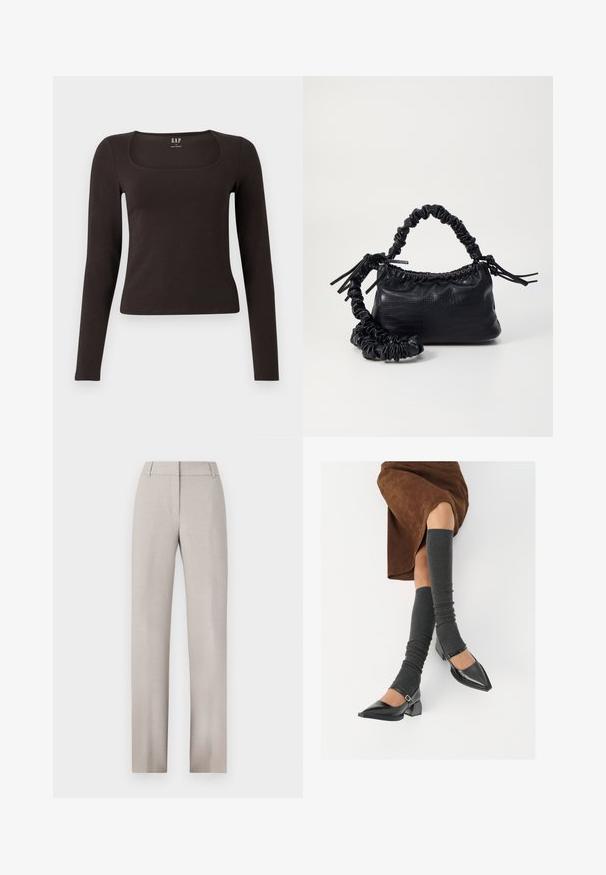 Črn dolg rokav, prilegajoča majica s kvadratnim izrezom, označena z GAP, prikazana na belem ozadju.; Svetlo bež krojene hlače z ravnim krojem. Narejena iz teksturirane tkanine, ima ravno sprednjo stran in zanke za pas.; Črne lakirane čevlje s pointy prsti in blok peto ter z naramnicami za gleženj, ki jih kombiniramo s sivimi rebrastimi nogavicami in rjavim suknjičem iz usnja.; Črna torbica iz umetnega usnja s krokodilovo teksturo, z zvitim vrhom in zmečkano naramico. Zdi se mehka in kompaktna v oblikovanju.