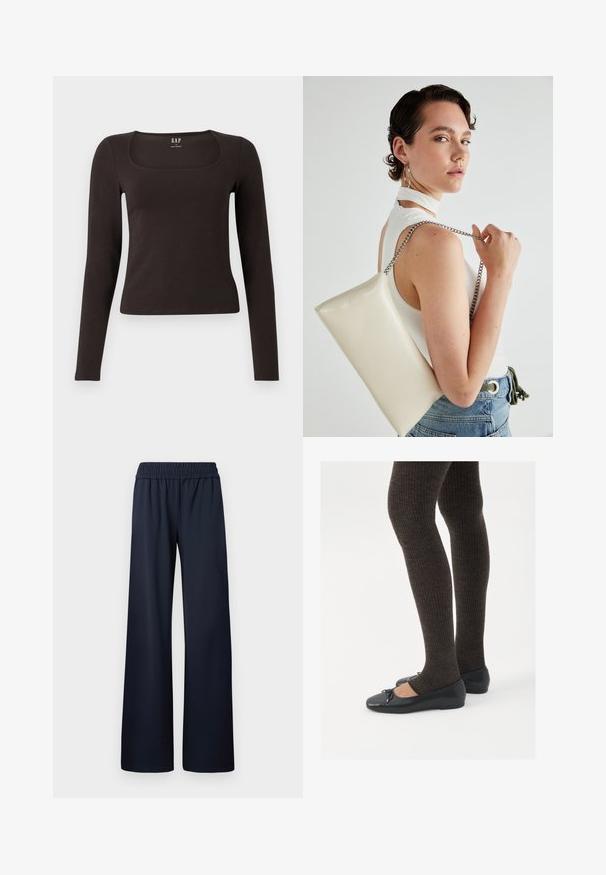 Black long-sleeve, fitted top with a square neckline, labeled GAP, displayed on a white background.; Navy blue wide-leg trousers, made of smooth fabric, featuring an elastic waistband and full-length design with no additional details.; Black flat shoes with a small bow detail at the toe, paired with dark brown ribbed tights. Shoes have a smooth texture and low profile.; White rectangular clutch bag made of glossy material, featuring a silver chain strap. Model poses, showcasing the bag against a plain background.