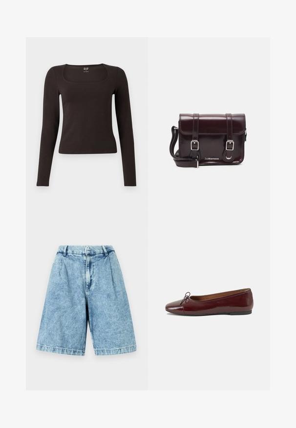 Čierny priliehavý top s dlhým rukávom a štvorcovým výstrihom, označený značkou GAP, zobrazený na bielom pozadí.; Svetlomodré denimové šortky s voľným strihom, obsahujúce predný zips, pútka na opasok a jemne vybledlú štruktúru. Olemované okraje dotvárajú dizajn.; Burgundské lakované balerínky s okrúhlou špičkou, malou mašľou na prednej strane a nízkou čiernou gumovou podrážkou. Hladký povrch.; Krikvová lakovaná kožená crossbody taška s obdĺžnikovým tvarom, dvoma popruhmi, striebornými doplnkami a prednou klapkou.