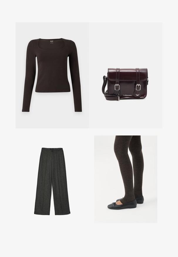 Haut noir à manches longues, ajusté, avec un décolleté carré, étiqueté GAP, affiché sur un fond blanc.; Pantalons larges gris foncé en tissu texturé, avec une taille haute et deux plis avant pour un détail de design supplémentaire.; Chaussures plates noires avec un petit nœud au niveau des orteils, associées à des collants côtelés marron foncé. Les chaussures ont une texture lisse et un profil bas.; Sac à bandoulière en cuir verni bordeaux, de forme rectangulaire, avec deux bandoulières, des accessoires en argent et une fermeture à rabat.