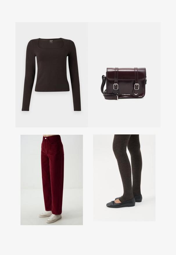 Zwarte lange mouwen, getailleerde top met een vierkante halslijn, gelabeled GAP, weergegeven op een witte achtergrond.; Bordeaux corduroy pantalon met een recht model, voorzien van zijzakken en een knoopsluiting, gedragen met witte sneakers.; Zwarte platte schoenen met een kleine strikdetail op de neus, gecombineerd met donkerbruine geribbelde panty’s. De schoenen hebben een gladde textuur en een lage profiel.; Bordeaux patent leren crossbody tas met een rechthoekige vorm, twee banden, zilveren hardware en een klep sluiting.