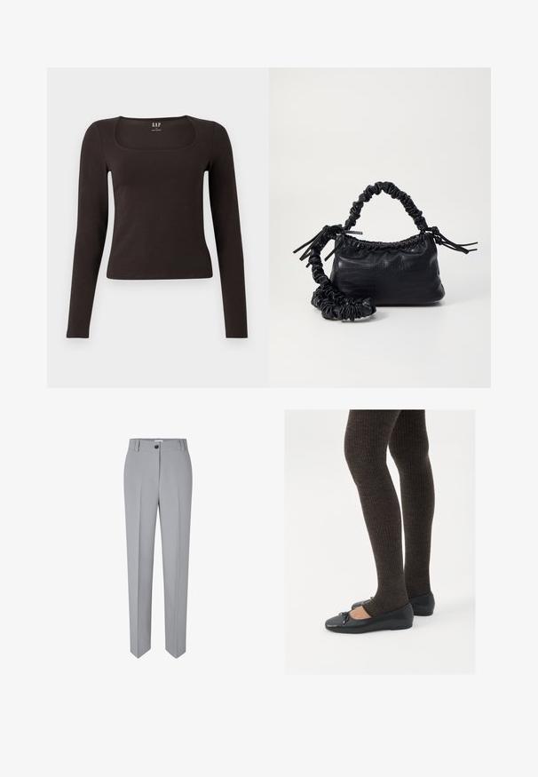 Must musta, sobiv ülikond, neljakandiline kaelus, sildiga GAP, valge tausta peal.; Hallatud hallid püksid sirge lõikega, valmistatud siledast kangast. Omab ees nuppude sulgemist ja kahte eesmist taskut.; Mustad mustad kingad väikese teksaga varvaste juures, koos tumedate pruunide ribakangastega. Kingadel on sile tekstuur ja madal profiil.; Must must sünteetilisest nahast käekott, millel on krokodillimuster, kokku tõmmatav ülaosa ja kortsus rihm. Tundub pehme ja kompaktne disain.