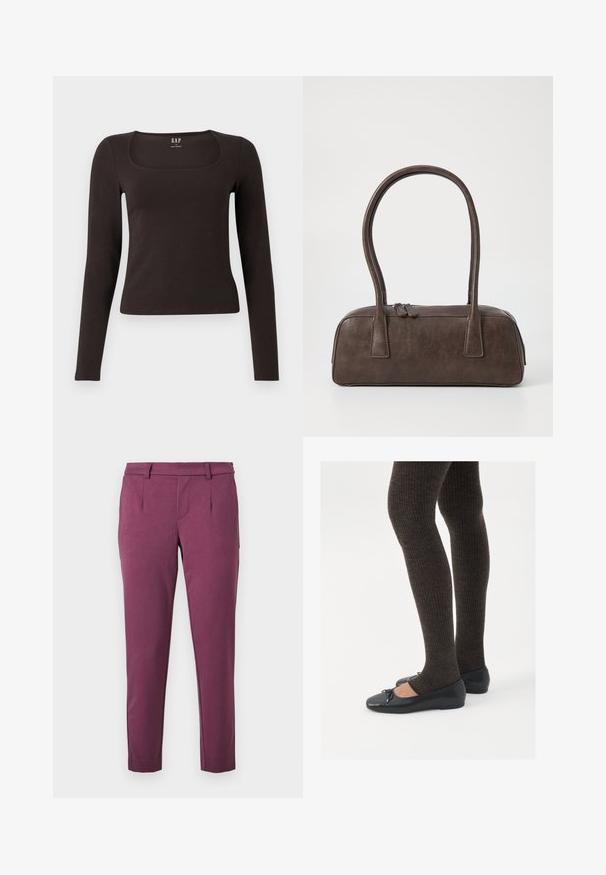 Maglietta nera a maniche lunghe, aderente, con scollatura quadrata, etichettata GAP, esposta su uno sfondo bianco.; Pantaloni a taglio dritto di colore prugna con passanti per cintura, tasche laterali e vita sartoriale su sfondo bianco.; Scarpe nere a flat con un piccolo fiocco sulla punta, abbinate a collant a coste marrone scuro. Le scarpe hanno una texture liscia e un profilo basso.; Borsa a mano in pelle marrone con due manici robusti, forma rettangolare, texture liscia e chiusura con zip. Design minimalista senza motivi visibili.