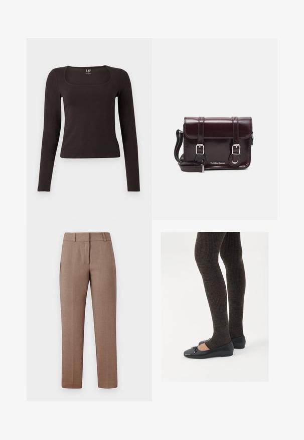 Svart langermet, tett topp med firkantet hals, merket GAP, vist på en hvit bakgrunn.; Lys brun skreddersydde bukser med en glatt tekstur, flat front, sidelommer og rett ben-design. Stoffet har et subtilt mønster.; Sorte flate sko med en liten sløyfedetalj på tåen, kombinert med mørkebrune ribbede strømpebukser. Skoene har en glatt overflate og lav profil.; Burgunderfarget patentlær crossover-veske med rektangulær form, to stropper, sølvfarget hardware og klaffelukking.