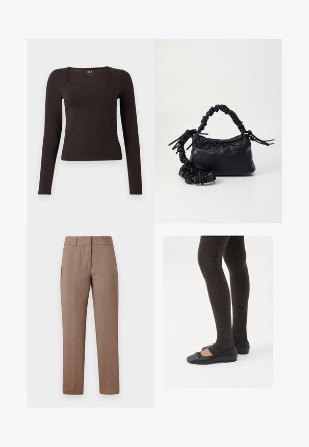 Black long-sleeve, fitted top with a square neckline, labeled GAP, displayed on a white background.; Light brown tailored trousers with a smooth texture, flat front, side pockets, and a straight-leg design. Fabric features a subtle pattern.; Black flat shoes with a small bow detail at the toe, paired with dark brown ribbed tights. Shoes have a smooth texture and low profile.; Black faux leather handbag with a crocodile texture, cinched top, and a scrunched strap. Appears soft and compact in design.