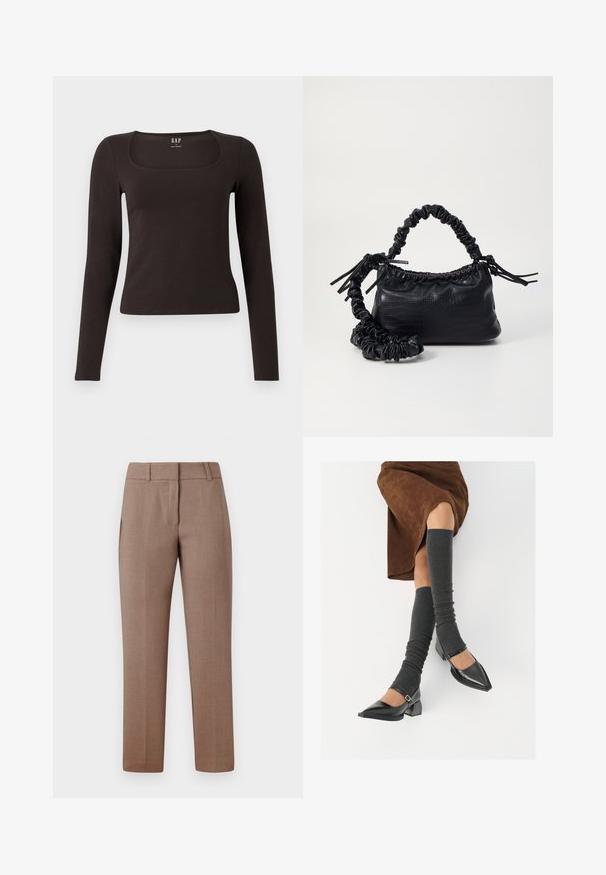 Zwarte lange mouwen, getailleerde top met een vierkante halslijn, gelabeled GAP, weergegeven op een witte achtergrond.; Lichtbruine op maat gemaakte broeken met een gladde textuur, vlakke voorkant, zijzakken en een rechte pijpdesign. De stof heeft een subtiel patroon.; Zwarte gepatineerde leren pumps met een puntige neus, een blokhak en een enkelbandje, gecombineerd met grijze geribde beenwarmers en een bruine suède rok.; Zwarte nepleer handtas met een krokodillenstructuur, opgedroogde bovenkant en een gekreukte hengsel. Het lijkt zacht en compact van ontwerp.