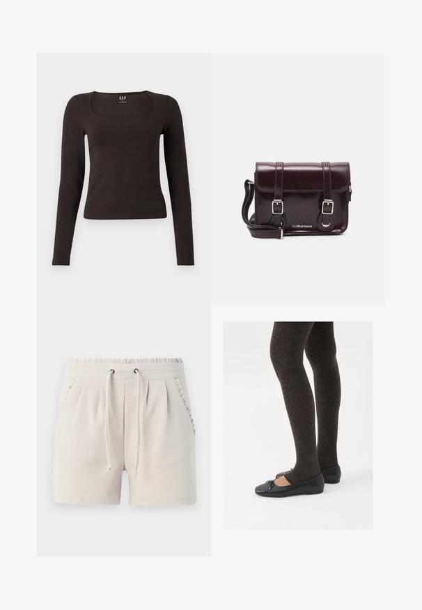 Černý dlouhý rukáv, přiléhavý top se čtvercovým výstřihem, označený značkou GAP, vystavený na bílém pozadí.; Světle béžové šortky s elastickým pasem, šňůrkou na stažení, bočními kapsami a volánkovým detailem kolem okrajů kapes. Měkká textilní struktura.; Černé ploché boty s malou mašlí na špičce, kombinované s tmavě hnědými žebrovanými punčochami. Boty mají hladký povrch a nízký profil.; Burgundská lakovaná křížová taška obdélníkového tvaru, se dvěma popruhy, stříbrnými kovovými doplňky a klopovým uzávěrem.