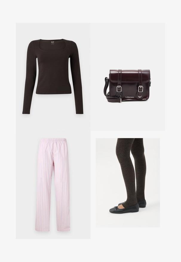 Haut noir à manches longues, ajusté, avec un décolleté carré, étiqueté GAP, affiché sur un fond blanc.; Pantalons roses clairs avec des rayures verticales bleues, en tissu lisse, dotés d'une taille élastique et d'un design à jambes larges.; Chaussures plates noires avec un petit nœud au niveau des orteils, associées à des collants côtelés marron foncé. Les chaussures ont une texture lisse et un profil bas.; Sac à bandoulière en cuir verni bordeaux, de forme rectangulaire, avec deux bandoulières, des accessoires en argent et une fermeture à rabat.