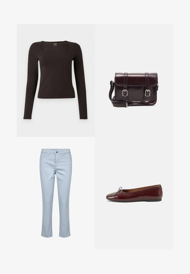 Must musta, sobiv ülikond, neljakandiline kaelus, sildiga GAP, valge tausta peal.; Heledsinine denimist püksid, millel on klassikaline viie taskuga disain, sirge sääre lõige ja lukuga ettepanev nupp.; Burgundi patendnahk kingad balletitüüpi, ümmarguse ninaosa, ees väike paelaaktsent ja madal must kummist tald. Sile tekstuur.; Burgundi värvi patendiga nahast risti koti, millel on ristkülikuline kuju, kaks rihma, hõbedased detailid ja klapi sulgur.