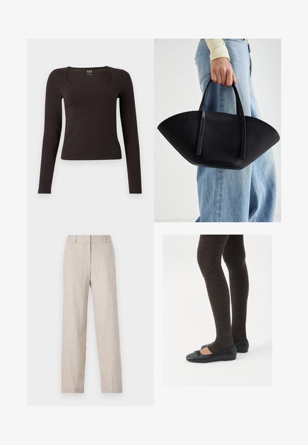 Haut noir à manches longues, ajusté, avec un décolleté carré, étiqueté GAP, affiché sur un fond blanc.; Pantalons en lin beiges avec une coupe droite, une taille haute et une texture subtile. Pas de poches visibles ni d'ornements.; Chaussures plates noires avec un petit nœud au niveau des orteils, associées à des collants côtelés marron foncé. Les chaussures ont une texture lisse et un profil bas.; Sac à main en cuir noir avec une forme de éventail unique, doté de poignées plates. La surface présente une texture granuleuse et un design minimaliste.