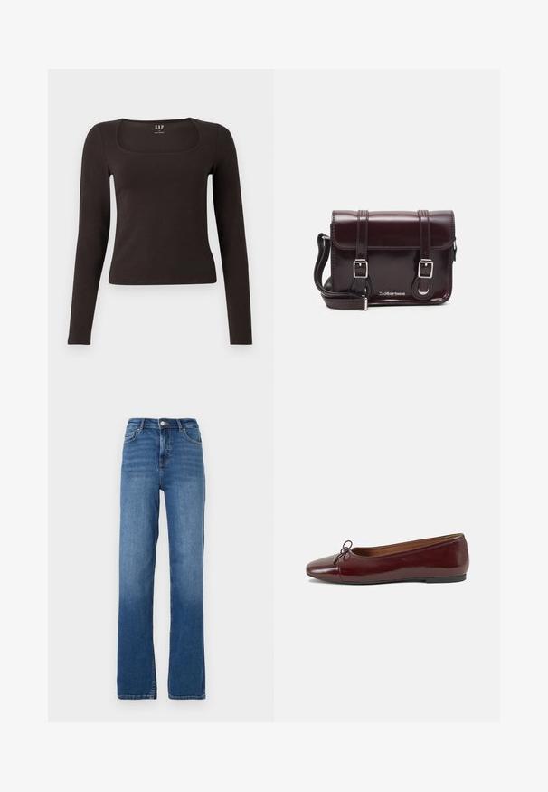 Top negro de manga larga, ajustado, con escote cuadrado, etiquetado como GAP, presentado sobre un fondo blanco.; Jeans de mezclilla azul claro, de corte relajado, con cintura alta, que cuentan con cinco bolsillos, cremallera en la parte delantera y un ligero desgaste cerca del dobladillo.; Bailarina de charol burdeos con punta redonda, pequeño lazo en la parte frontal y una suela baja de goma negra. Textura suave.; Bolso bandolera de charol burdeos con forma rectangular, dos correas, herrajes plateados y cierre de solapa.