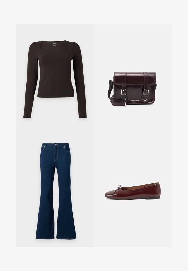 Melnas garās piedurknes, pieguļošs tops ar kvadrātveida apkakli, ar uzrakstu GAP, novietots uz baltā fona.; Tumši zilas džinsas ar izplēstu kāju, kas izgatavotas no denima. Iezīmes ietver priekšējo pogu aizdari, piecu kabatu dizainu un izšuvumus uz kabatām.; Burgundijas laku ādas baleta kurpes ar noapaļotu purngalu, nelielu loku akcentu priekšā un zemu melnu gumijas zoli. Gluda tekstūra.; Burgundijas lakotas ādas crossbody soma ar taisnstūrveida formu, divām siksnām, sudraba krāsas aksesuāriem un vāku ar aizdari.