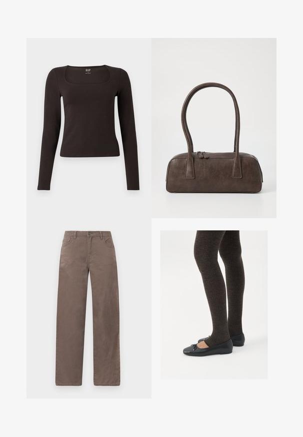 Svart langermet, tett topp med firkantet hals, merket GAP, vist på en hvit bakgrunn.; Brune, rette bukser laget av bomull, med front knappåpning, beltehemper og fem lommer med en jevn tekstur.; Sorte flate sko med en liten sløyfedetalj på tåen, kombinert med mørkebrune ribbede strømpebukser. Skoene har en glatt overflate og lav profil.; Brun lærveske med to robuste håndtak, rektangulær form, jevn tekstur og glidelås. Minimalistisk design uten synlige mønstre.