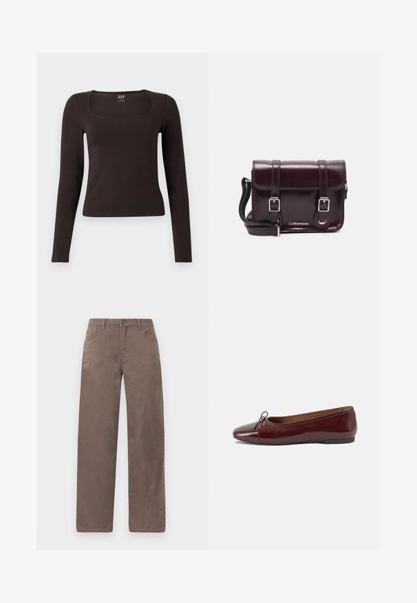 Must musta, sobiv ülikond, neljakandiline kaelus, sildiga GAP, valge tausta peal.; Pruunid sirged püksid, mis on valmistatud puuvillast, esiküljel nupuga kinnitus, vöökohaga ja viie taskuga, sujuva tekstuuriga.; Burgundi patendnahk kingad balletitüüpi, ümmarguse ninaosa, ees väike paelaaktsent ja madal must kummist tald. Sile tekstuur.; Burgundi värvi patendiga nahast risti koti, millel on ristkülikuline kuju, kaks rihma, hõbedased detailid ja klapi sulgur.