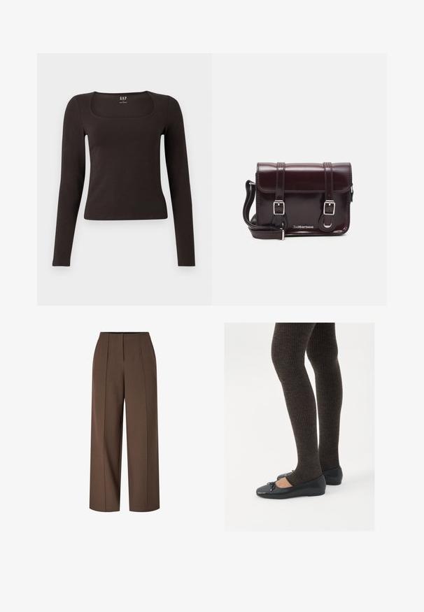Črn dolg rokav, prilegajoča majica s kvadratnim izrezom, označena z GAP, prikazana na belem ozadju.; Rjave hlače širokega kroja z visokim pasom in nagubanimi prednjimi šivi ter skrito prednjo zadrgo.; Črne ravne čevlje z majhnim lokom na prstih, v kombinaciji s temno rjavimi rebrastimi nogavicami. Čevlji imajo gladko teksturo in nizko obliko.; Burgundska patentna usnjena torbica čez ramo z pravokotno obliko, dvema trakovoma, srebrno kovinsko opremo in zapiranjem na preklop.