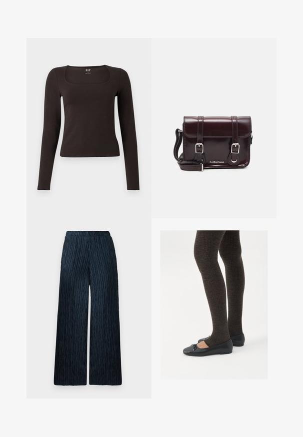 Črn dolg rokav, prilegajoča majica s kvadratnim izrezom, označena z GAP, prikazana na belem ozadju.; Široke hlače v temno modri barvi s teksturirano, gubančno tkanino. Imajo elastiko v pasu za udobje in gladko površino.; Črne ravne čevlje z majhnim lokom na prstih, v kombinaciji s temno rjavimi rebrastimi nogavicami. Čevlji imajo gladko teksturo in nizko obliko.; Burgundska patentna usnjena torbica čez ramo z pravokotno obliko, dvema trakovoma, srebrno kovinsko opremo in zapiranjem na preklop.